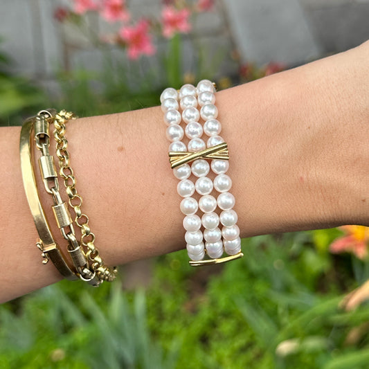 Estate 18KT Yellow Gold Three Strand Pearl + "X" Links Bracelet