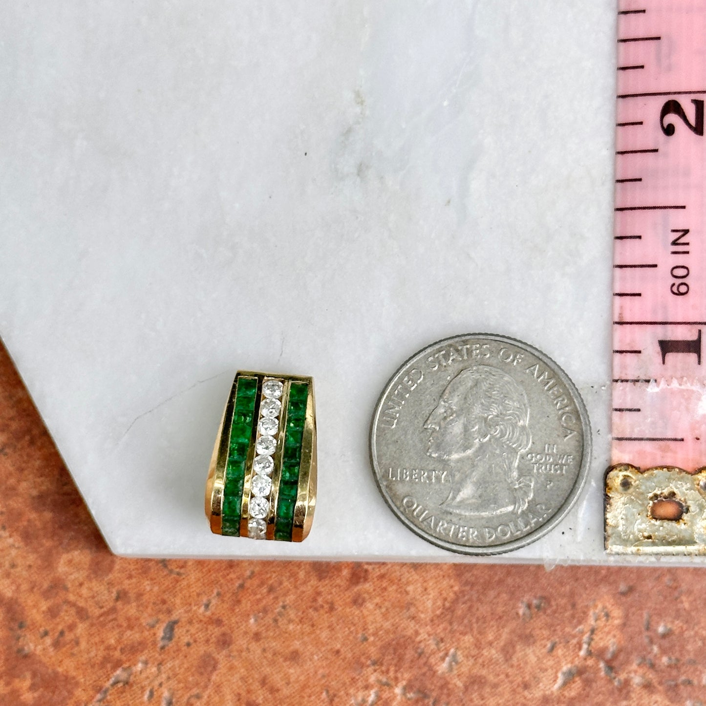 Estate 14KT Yellow Gold Emerald + Diamond Channel-Set Slide Pendant