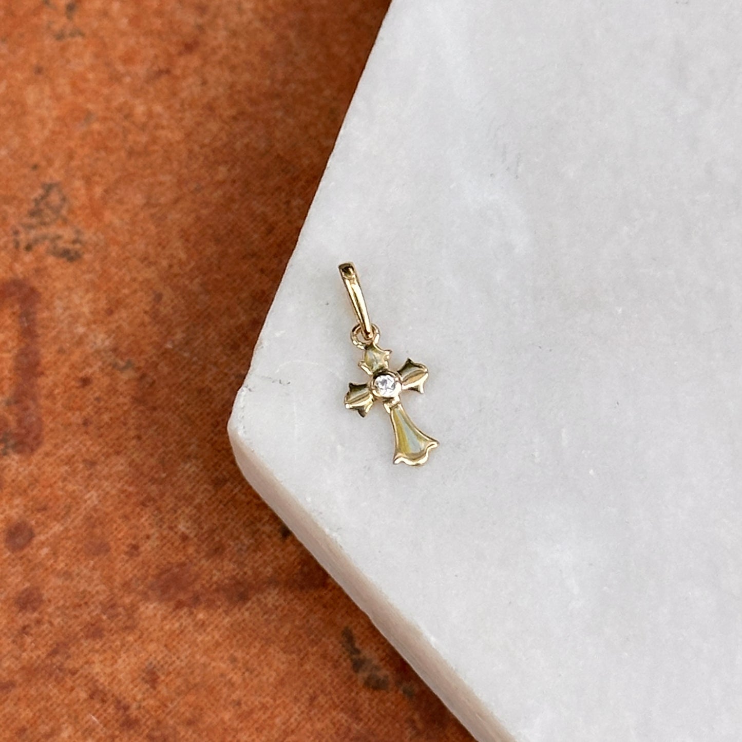 14KT Yellow Gold Mini CZ Stone Cross Pendant Charm