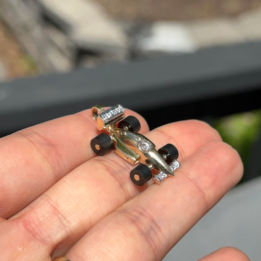 Estate Designer 14KT Yellow Gold 3D Race Car Diamond + Black Onyx Wheels Pendant Charm