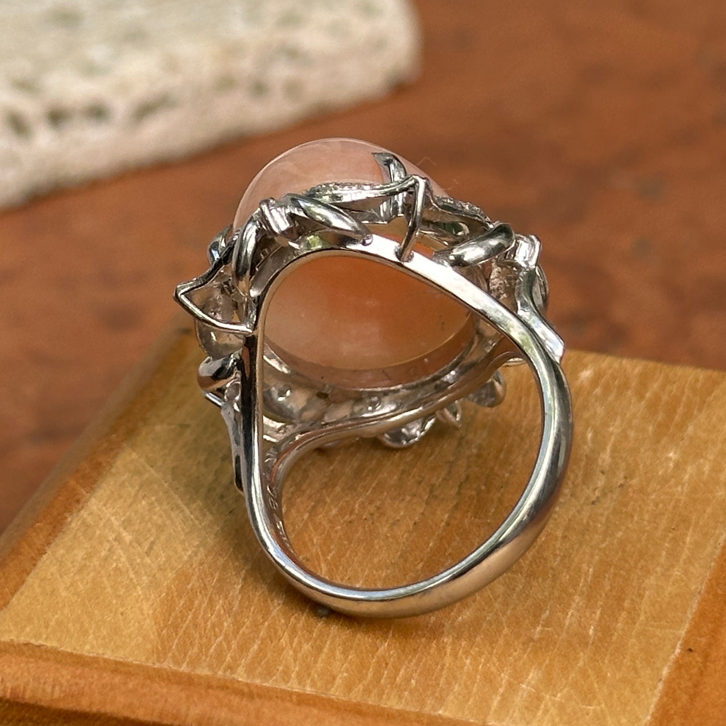 Estate Platinum Peruvian Peach Opal + Diamond Halo Ring