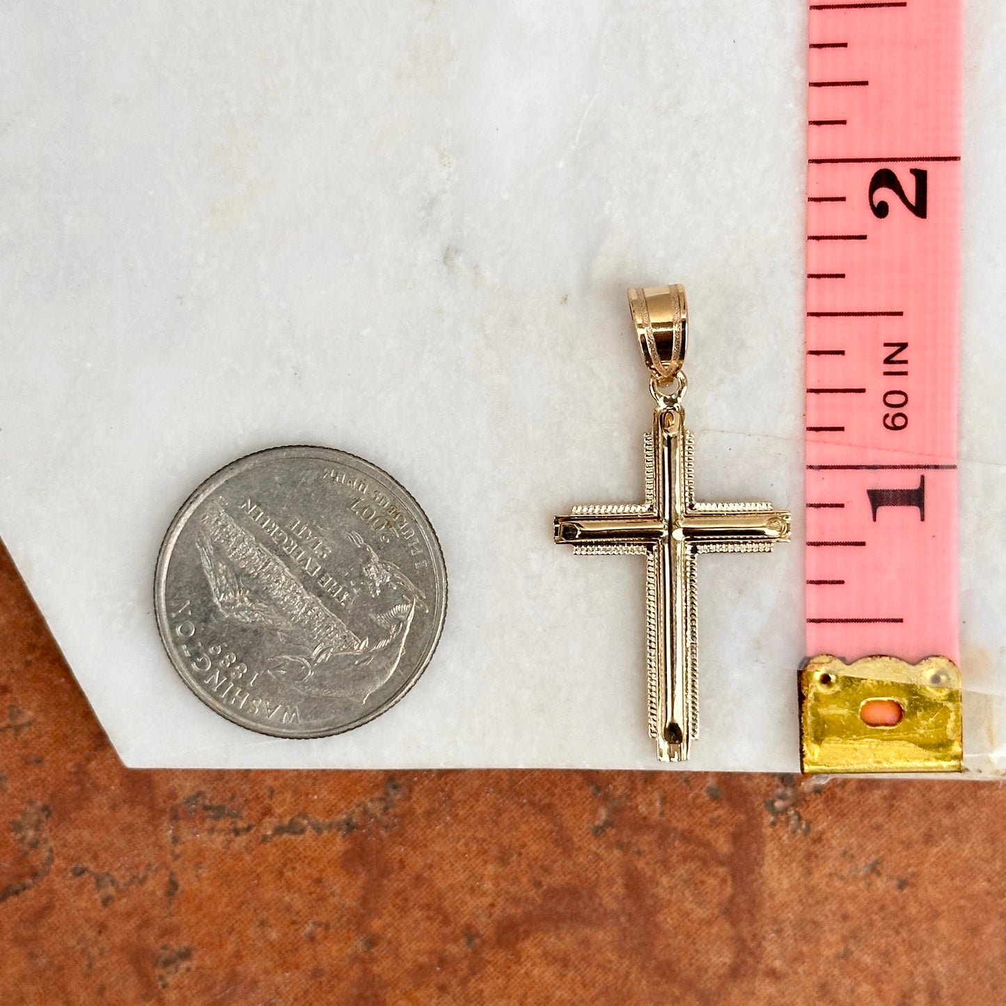14KT Yellow Gold Raised Textured Edge Cross Pendant