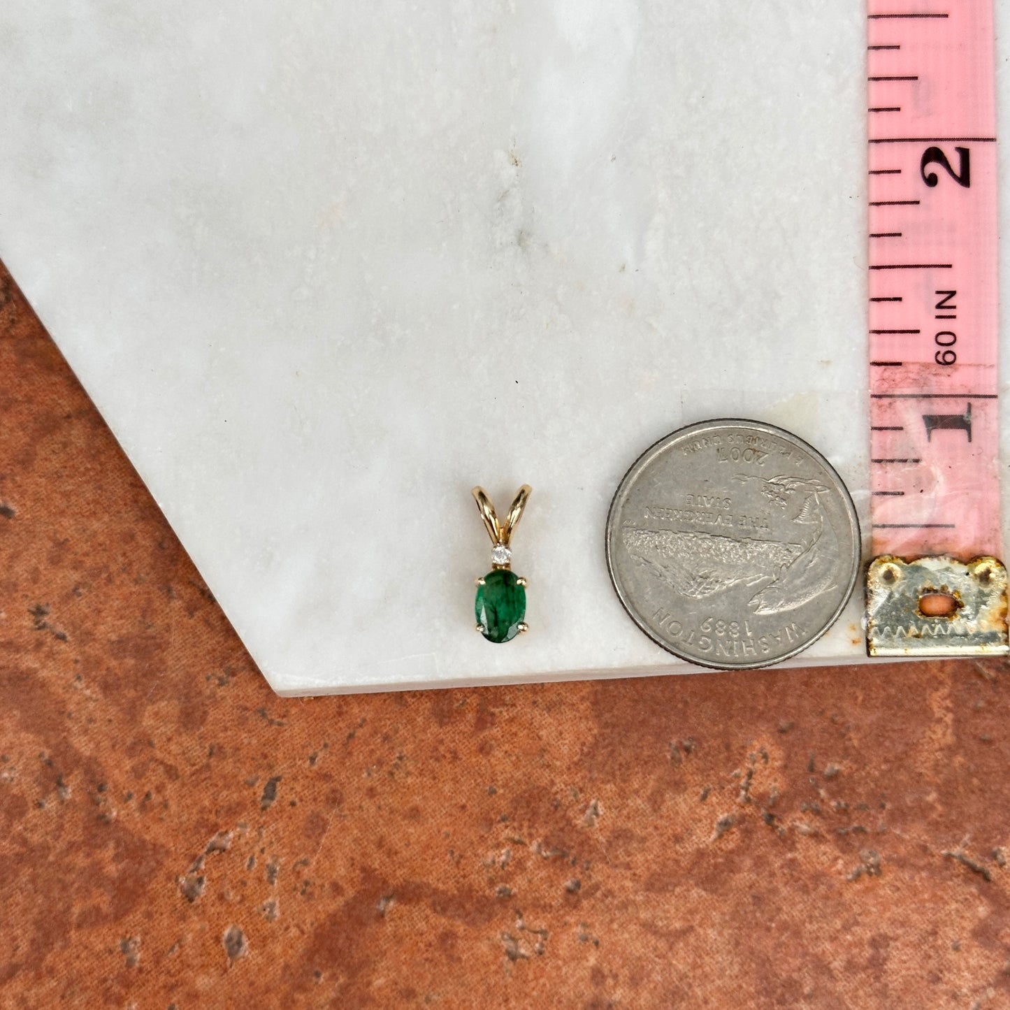 Estate 14KT Yellow Gold Oval Faceted Emerald + Diamond Pendant