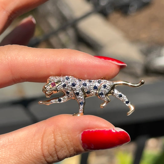 Estate 14KT Yellow Gold Two Tone + Blue Sapphire Ruby and Diamond Panther Pin Brooch