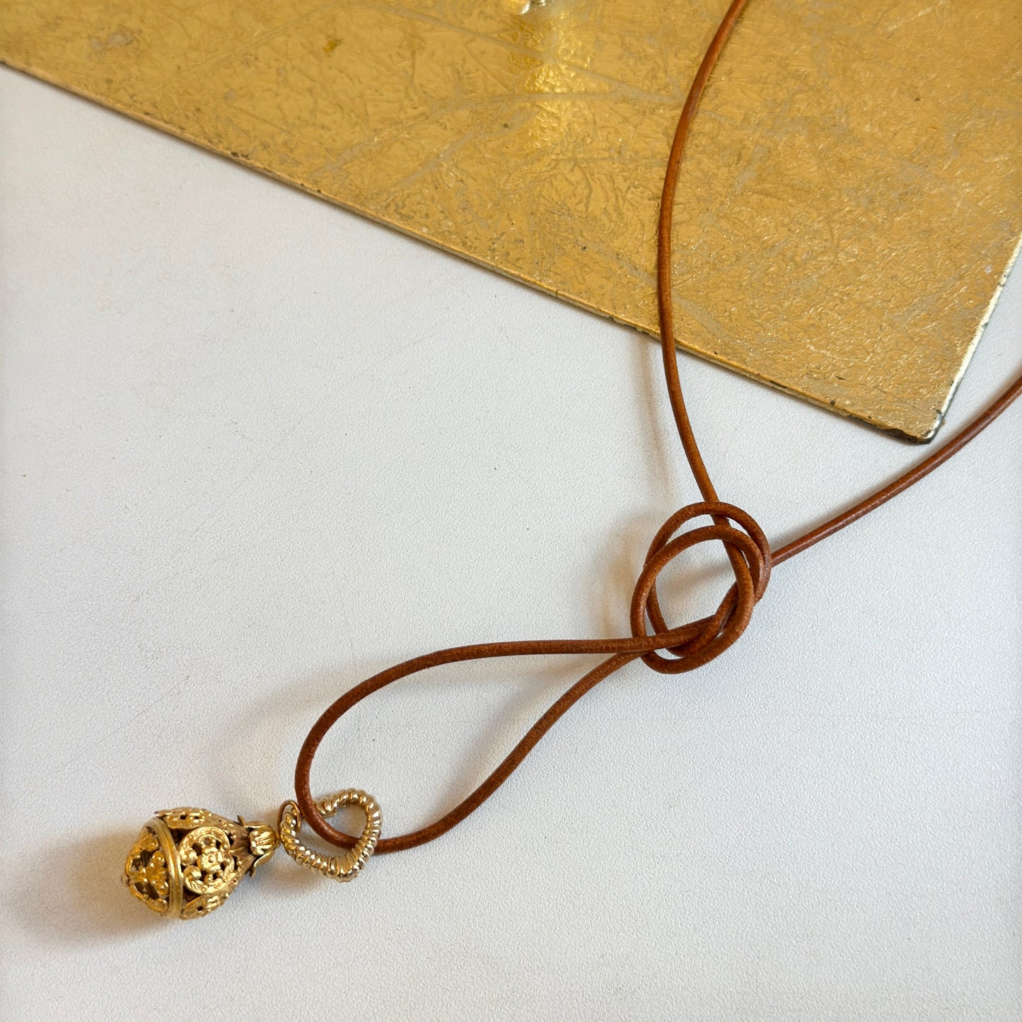 14KT Yellow Gold 2mm Natural Leather Cord Necklace 32" Knotted