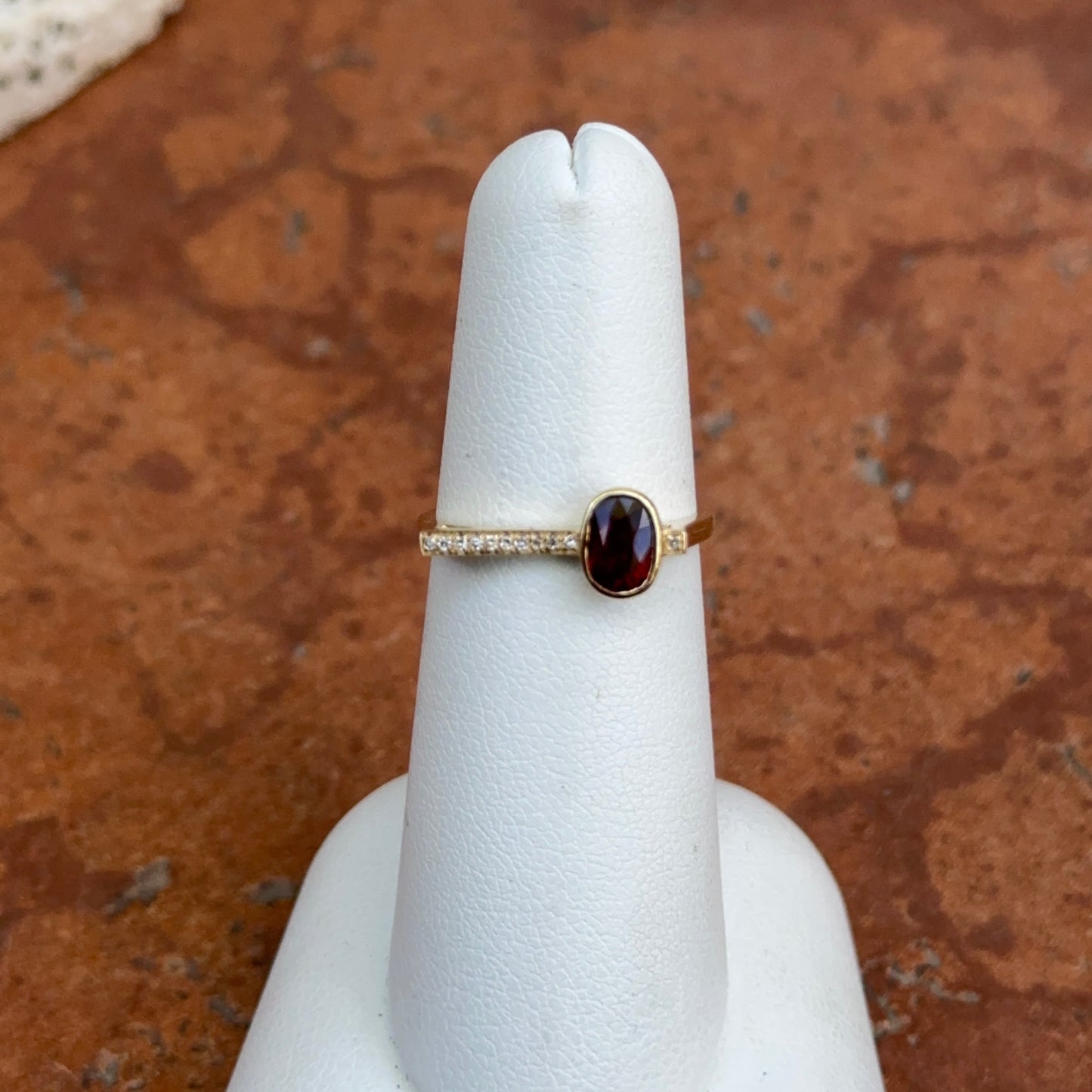 Estate 14KT Yellow Gold Pave Diamond + Oval Bezel Set Ruby Band Ring