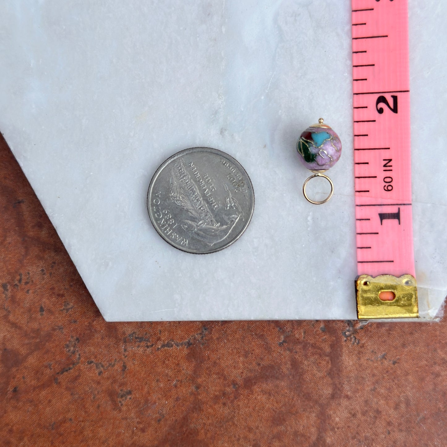 14KT Yellow Gold Pink Cloisinne Floral Ball Earring Charms