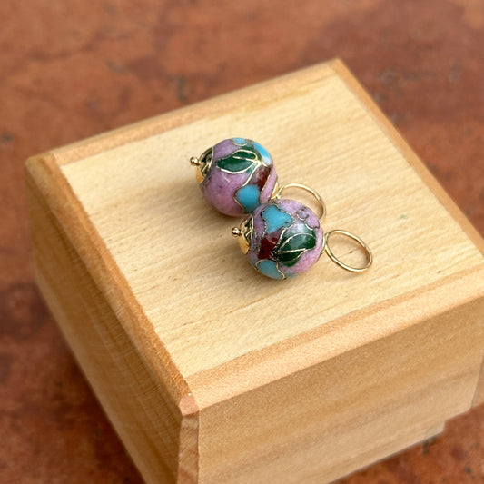 14KT Yellow Gold Pink Cloisinne Floral Ball Earring Charms