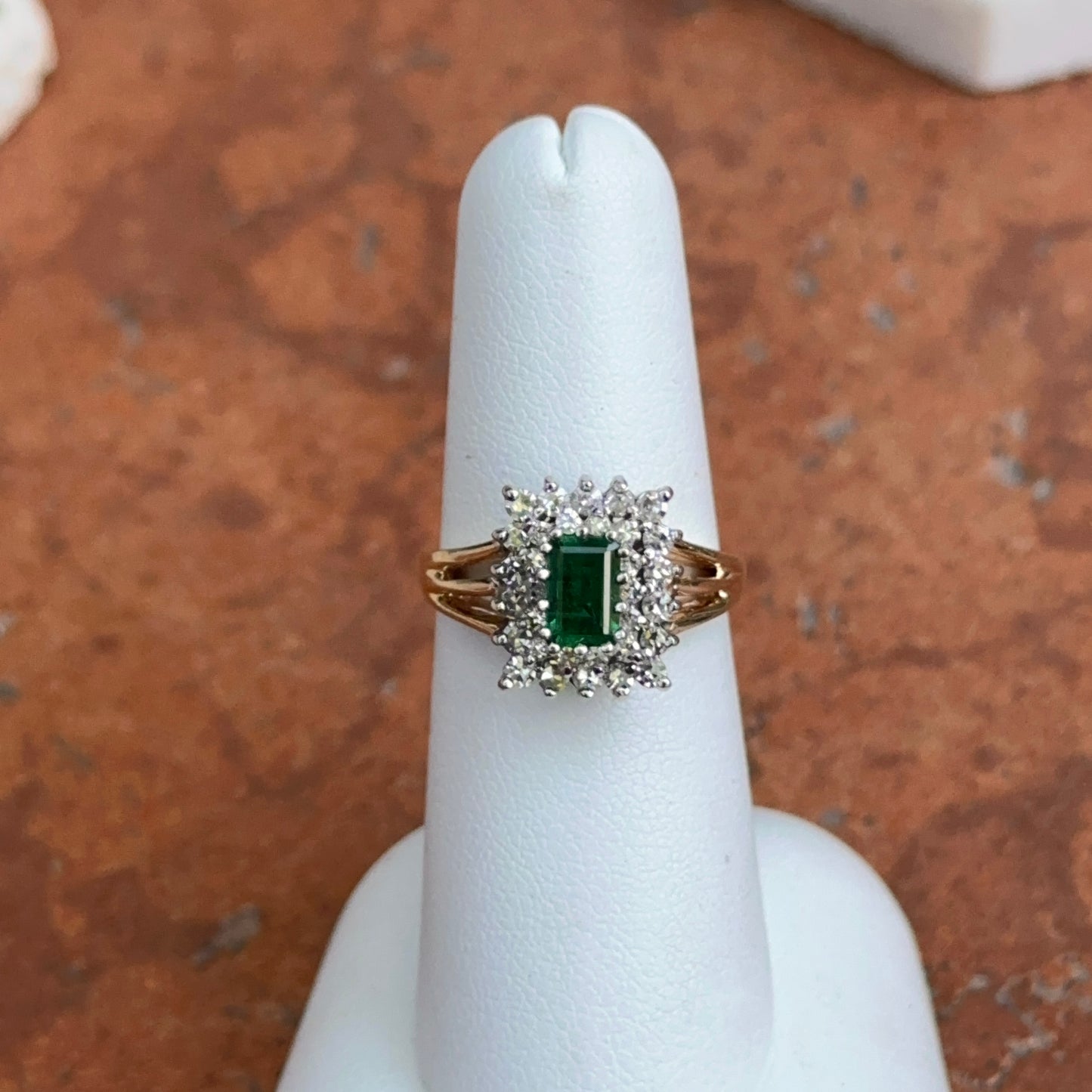 Estate 14KT Yellow Gold Lab Emerald-Cut Emerald + Square Halo Diamond Ring