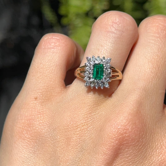 Estate 14KT Yellow Gold Lab Emerald-Cut Emerald + Square Halo Diamond Ring