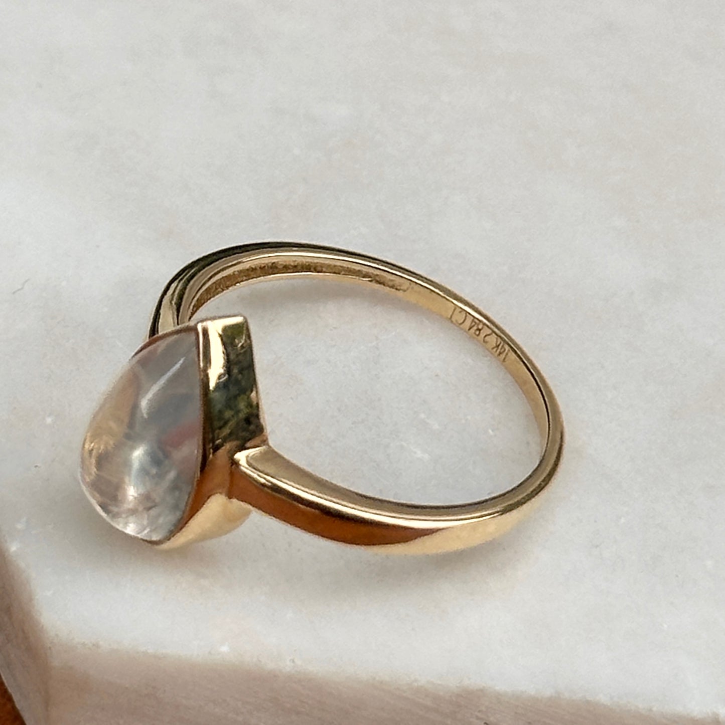 14KT Yellow Gold Cabochon Pear Rainbow Moonstone Bezel Set Solitaire Ring