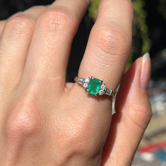 Estate 14KT Yellow Gold Emerald-Cut Emerald + Diamond Ring