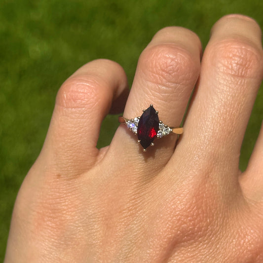 Estate 18KT Yellow Gold Marquise Garnet + Diamond Ring