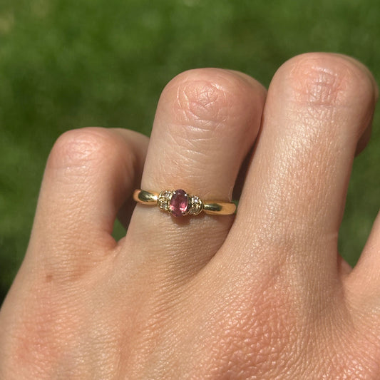 Estate 18KT Yellow Gold Oval Pink Tourmaline + Diamond Ring