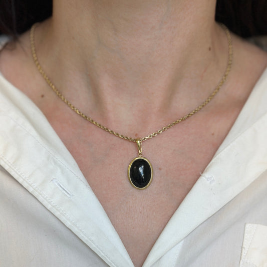 Estate 14KT Yellow Gold Oval Onyx Bezel Pendant Enhancer 32mm