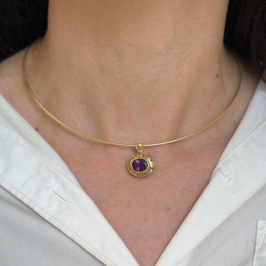 Estate 14KT Yellow Gold Oval Amethyst + Gypsy-Set Diamond Pendant Enhancer