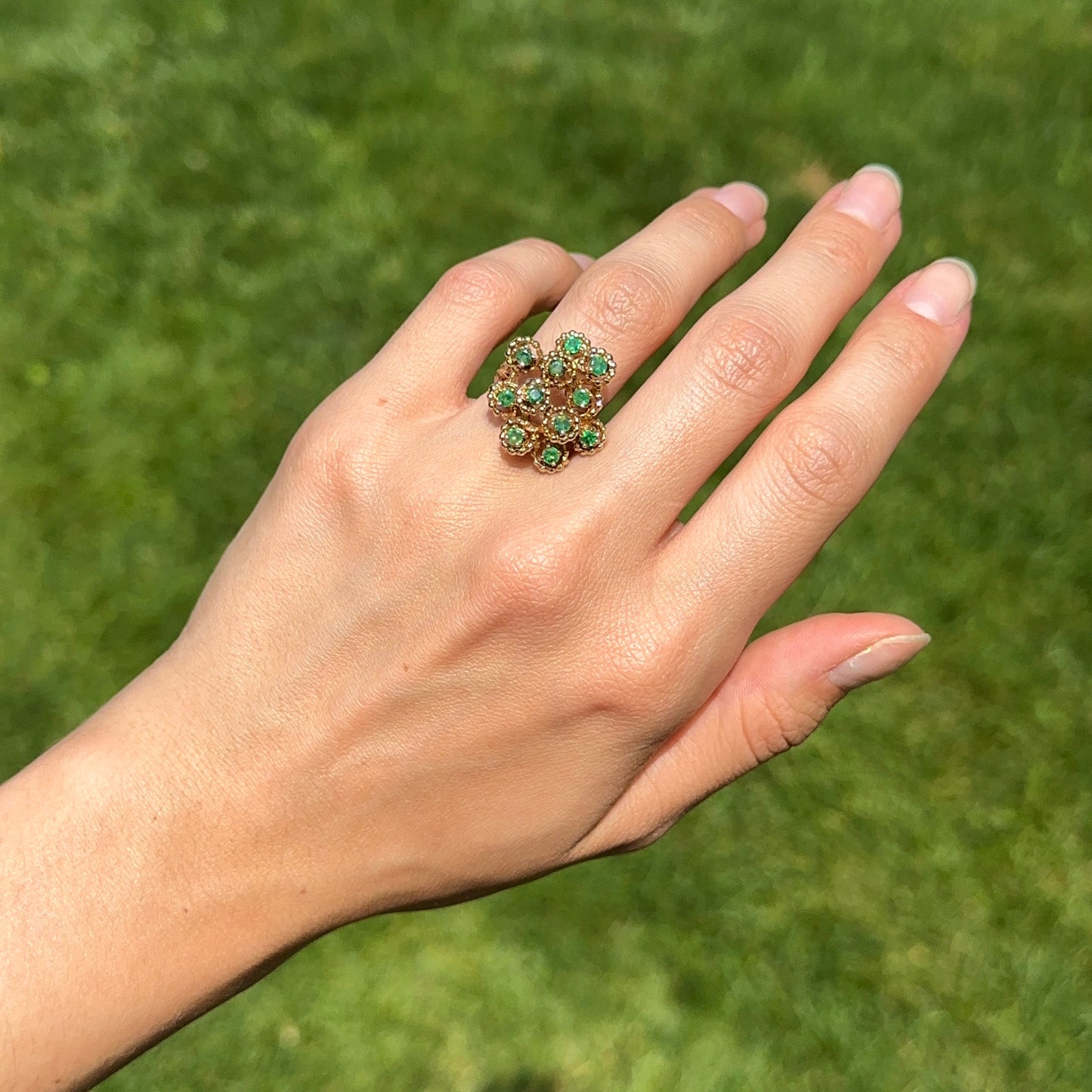 Estate 14KT Yellow Gold Round Emerald Cluster Ring