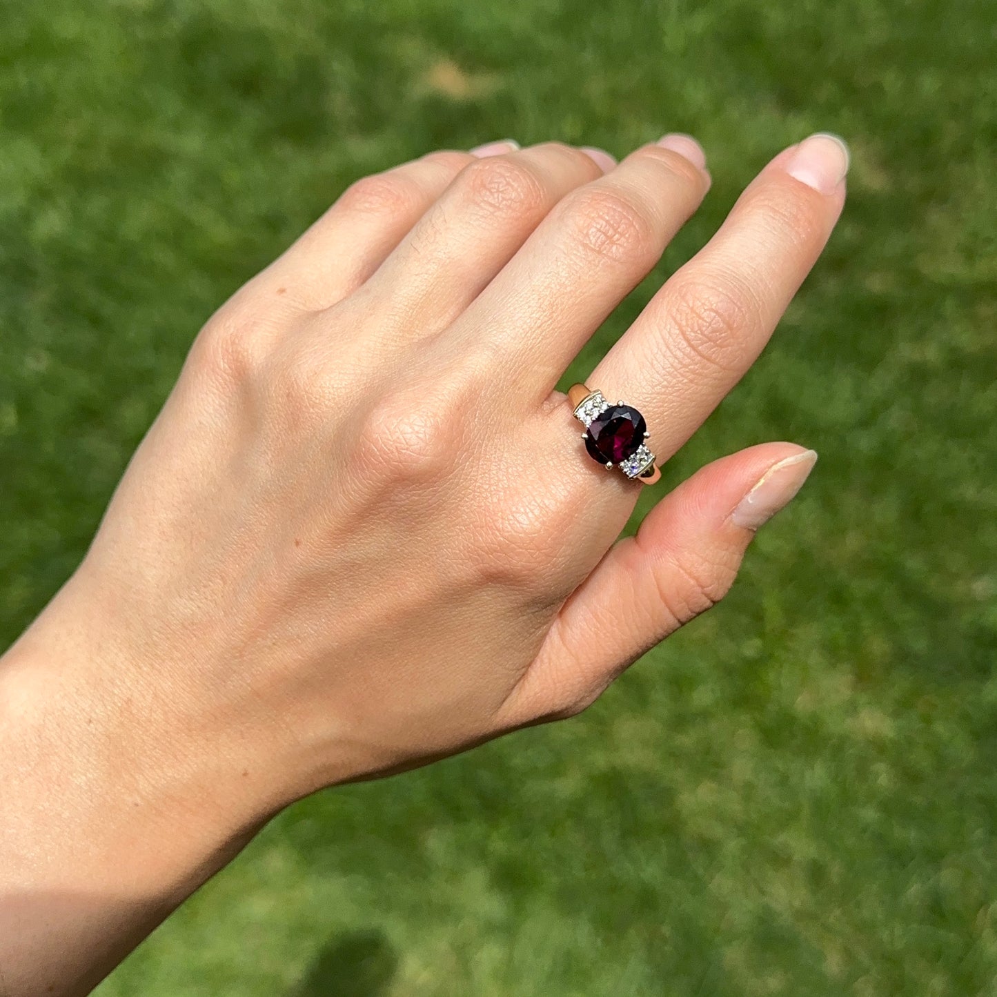 Estate 14KT Yellow Gold Oval Deep Raspberry Garnet + Diamond Ring