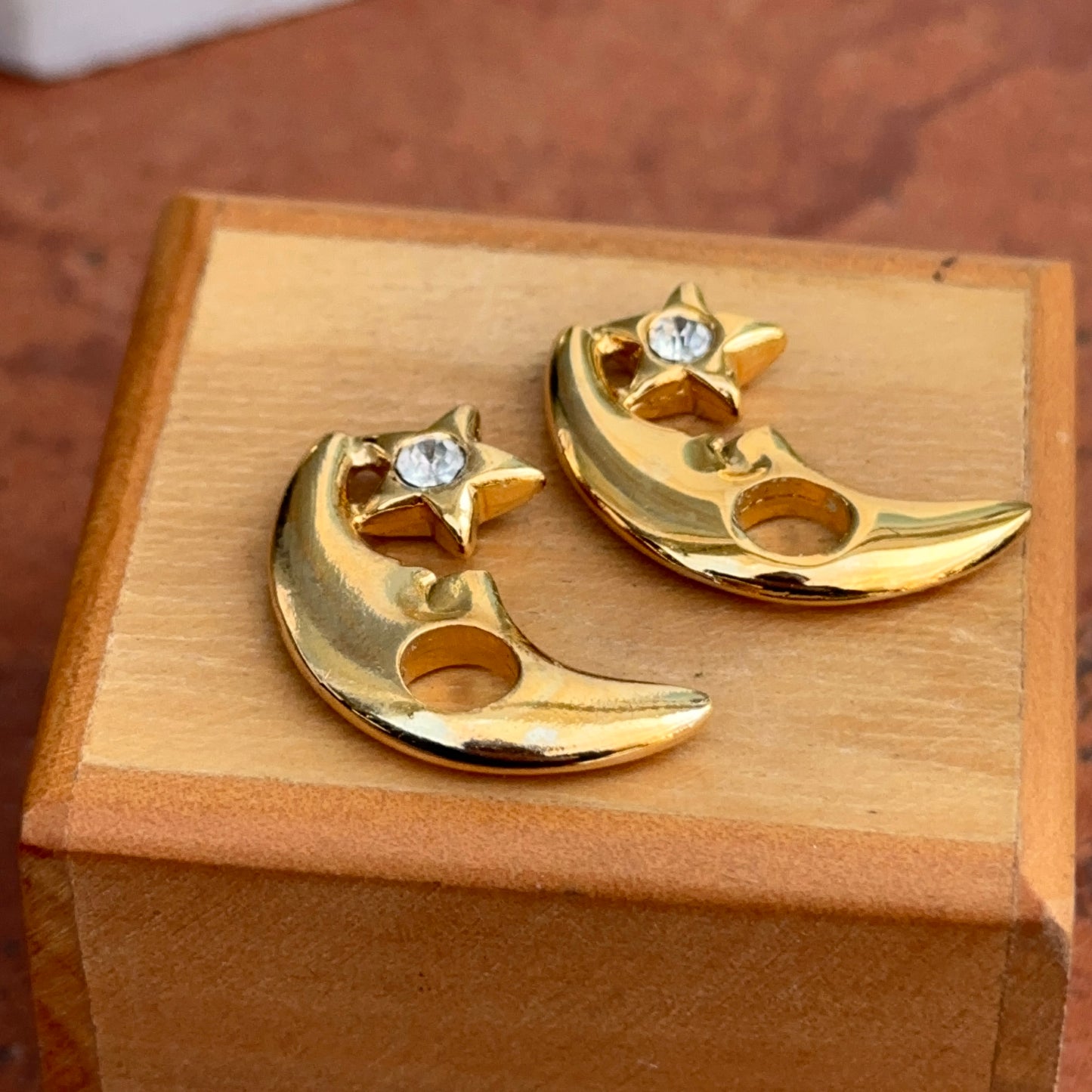 Yellow Gold-Tone Crescent Moon + Star CZ Stone Earring Charms PAIR