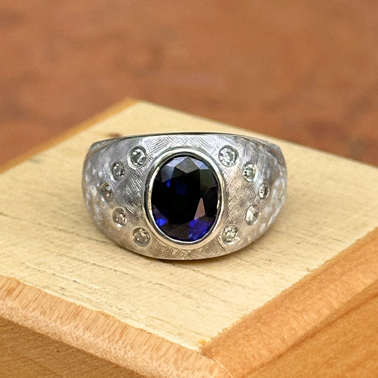 Estate 14KT White Gold Matte Oval Synthetic Sapphire + Diamond Ring