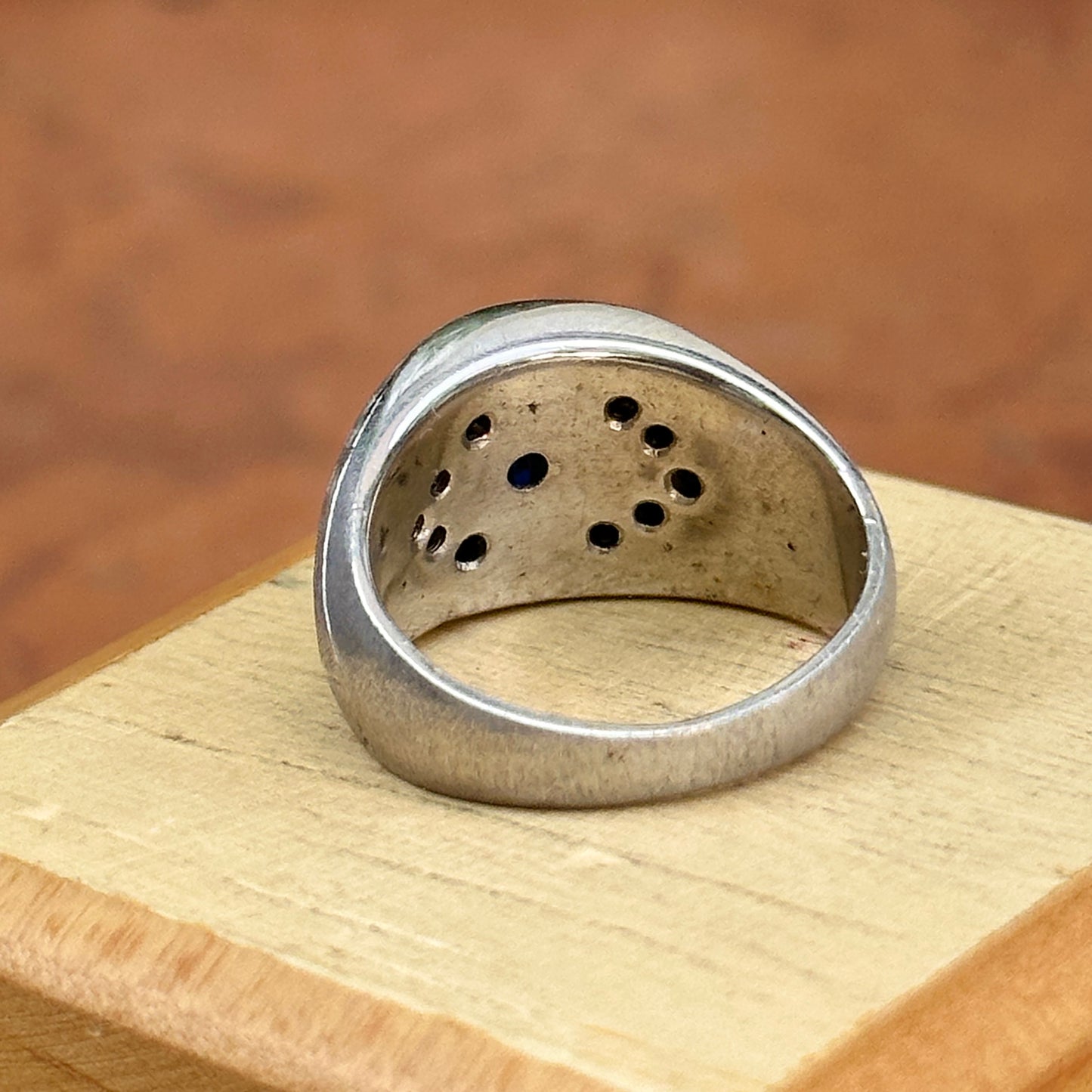 Estate 14KT White Gold Matte Oval Synthetic Sapphire + Diamond Ring