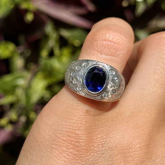 Estate 14KT White Gold Matte Oval Synthetic Sapphire + Diamond Ring - LSJ