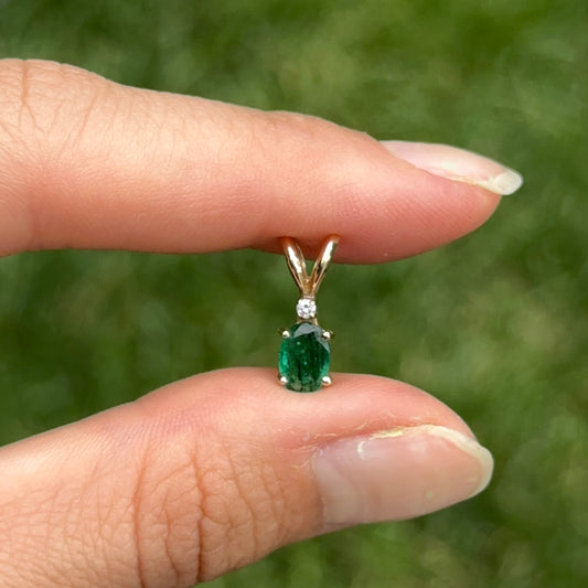 Estate 14KT Yellow Gold Oval Faceted Emerald + Diamond Pendant