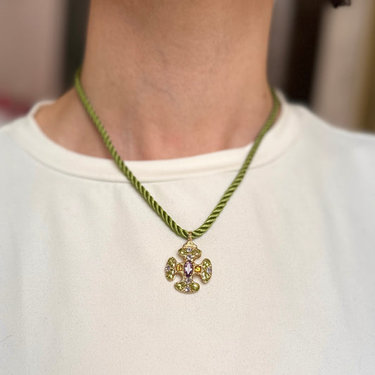 Estate 14KT Yellow Gold Peridot Citrine Amethyst Ornate Cross Pendant