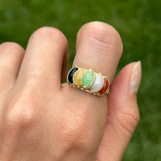 Estate 14KT Yellow Gold Multi Color Marquise Jade Pyramid Ring
