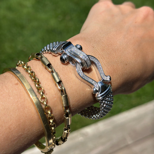 Sterling Silver Mesh Popcorn Horse Bit Diamond + Onyx Bracelet