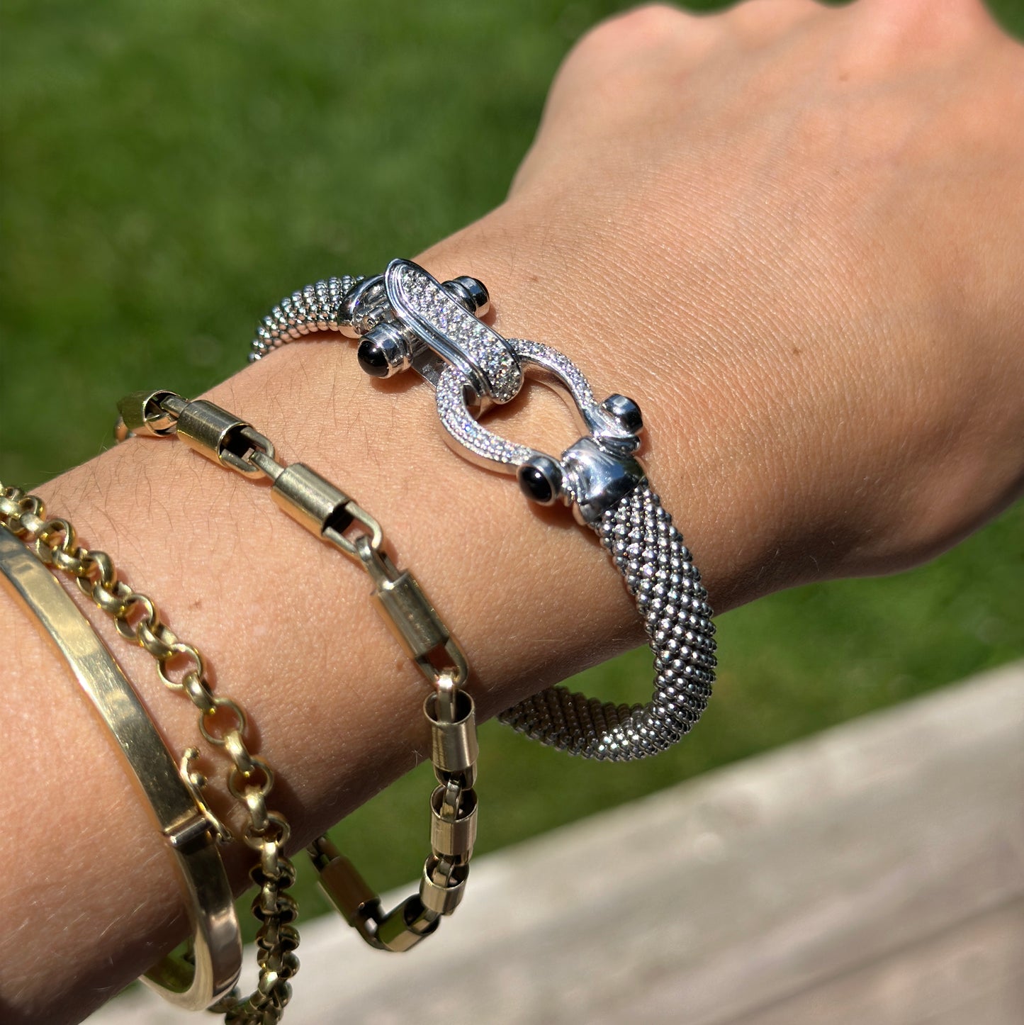 Silver Mesh Popcorn Horse Bit Diamond + Black Onyx Bangle Bracelet