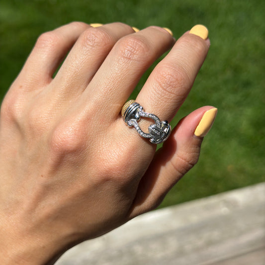 Gold-Plated Mesh Popcorn Black Onyx + Diamond Horse Bit Ring