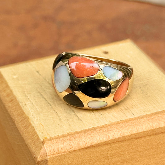Estate 14KT Yellow Gold Coral, Mother of Pearl, + Onyx Dome Ring