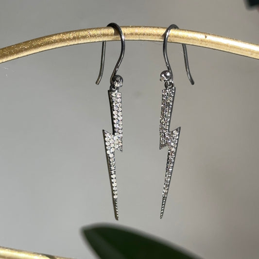 Sterling Silver Pave Diamond Lightening Bolt Dangle Earrings Blackened