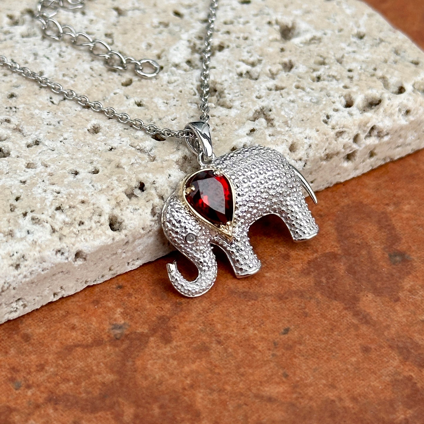 Sterling Silver + 14KT Yellow Gold Diamond + Ruby Elephant Necklace