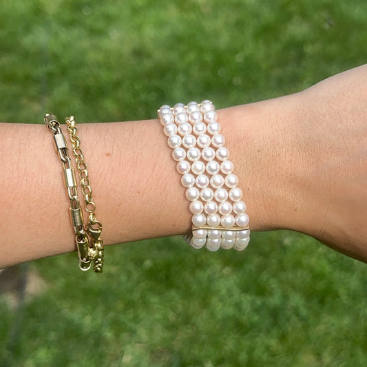 14KT Yellow Gold Four Strand Pearl Bracelet + Yellow Gold Links