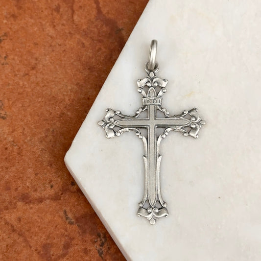 Sterling Silver Antiqued Cross Detailed Pendant 46mm Large