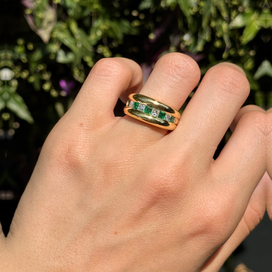 SOLD Estate 18KT Yellow Gold Princess-Cut Diamond + Emerald Band Ring - LSJ