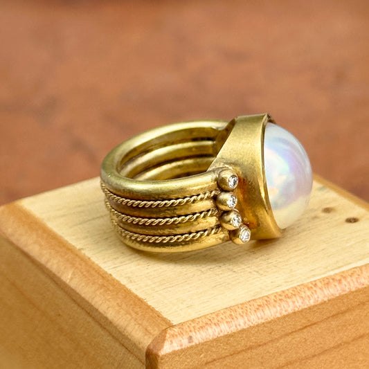 Estate 18KT Yellow Gold Maz Mabe Pearl + Diamond Matte Ring