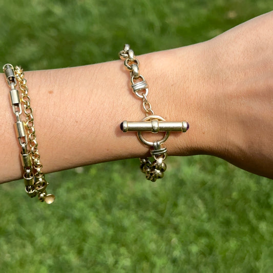 Estate 14KT Yellow Gold Round Link Toggle Bracelet + Cabochon Amethyst