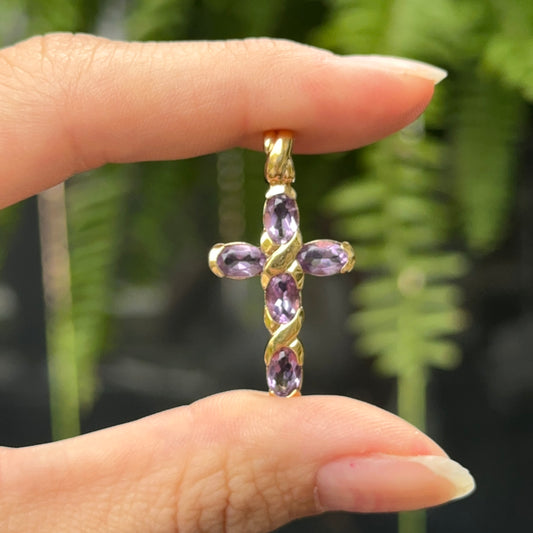 Estate Gold Tone Amethyst “X” Detailed Cross Pendant