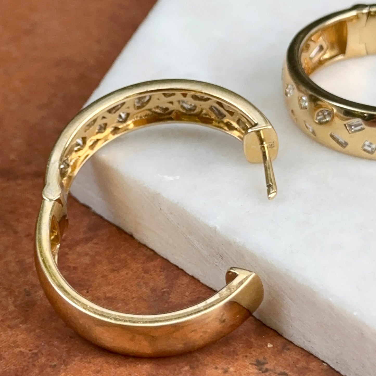 Estate 18KT Yellow Gold Multi-Shapes Gypsy Set Diamond Hoop Earrings Large