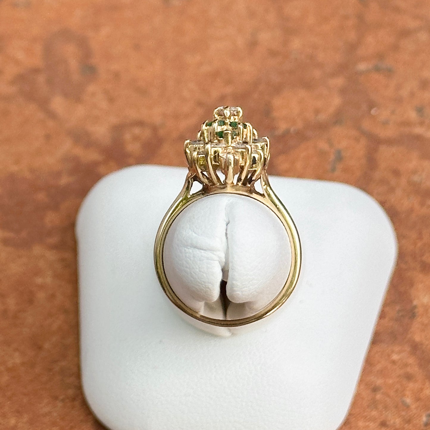 Estate 14KT Yellow Gold Diamond + Emerald Ballerina Ring