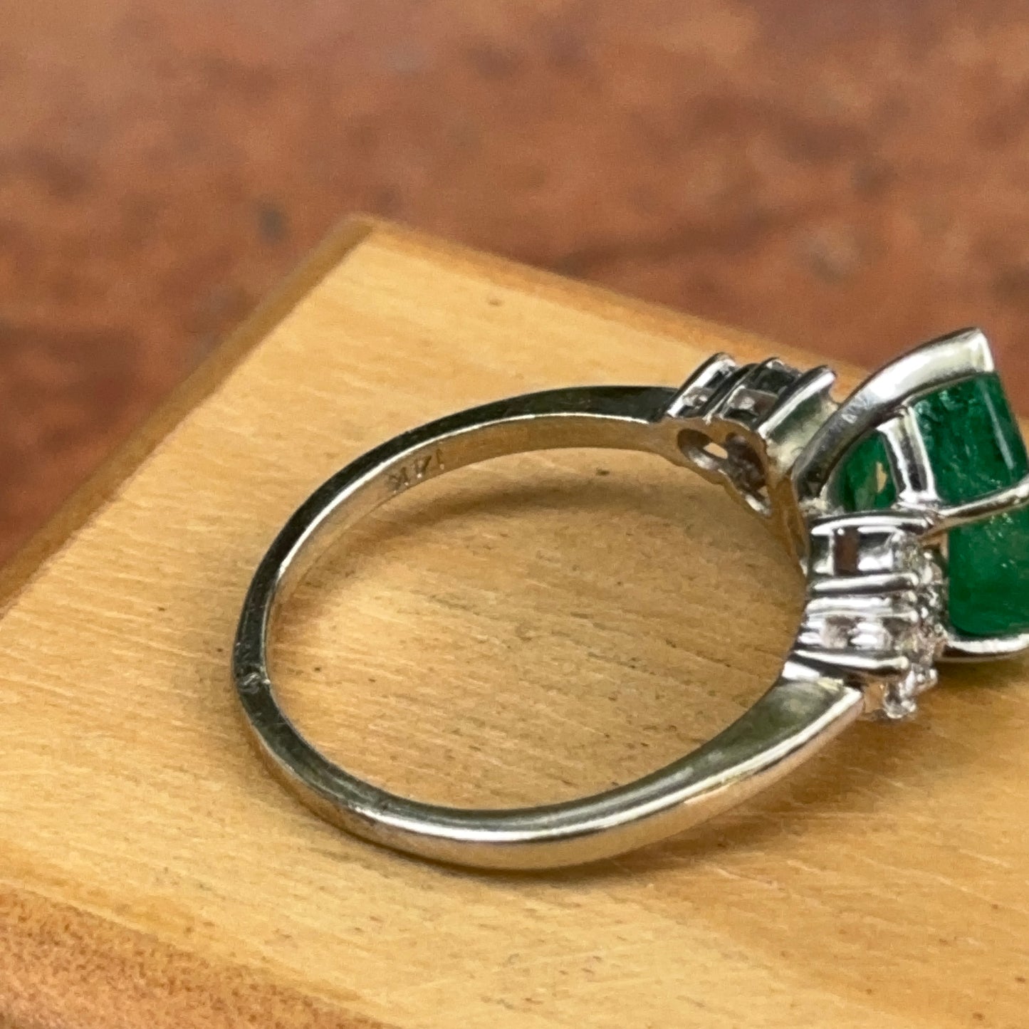 Estate 14KT White Gold Pear Emerald + Diamond Ring