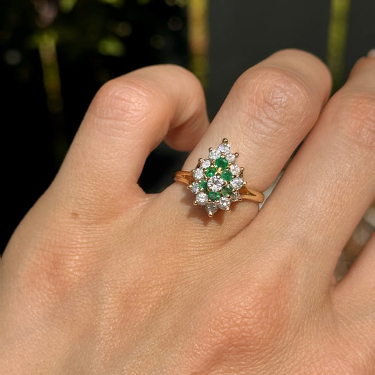 Estate 14KT Yellow Gold Diamond + Emerald Ballerina Ring
