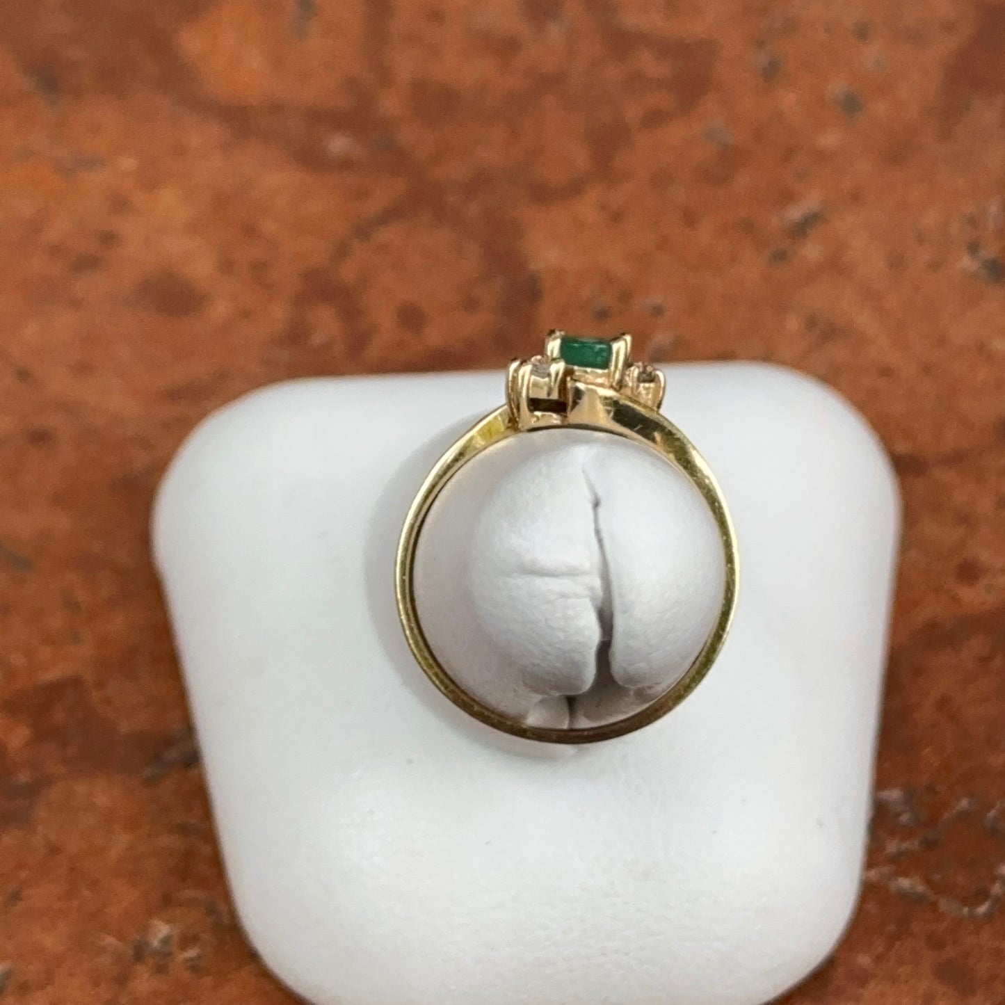 Estate 14KT Yellow Gold Oval Emerald + Round Diamond Ring