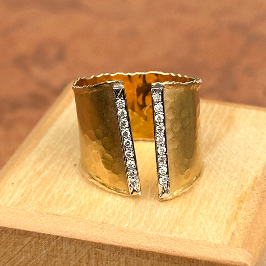 Estate 14KT Yellow Gold Hammered Diamond Open Wide Band Ring