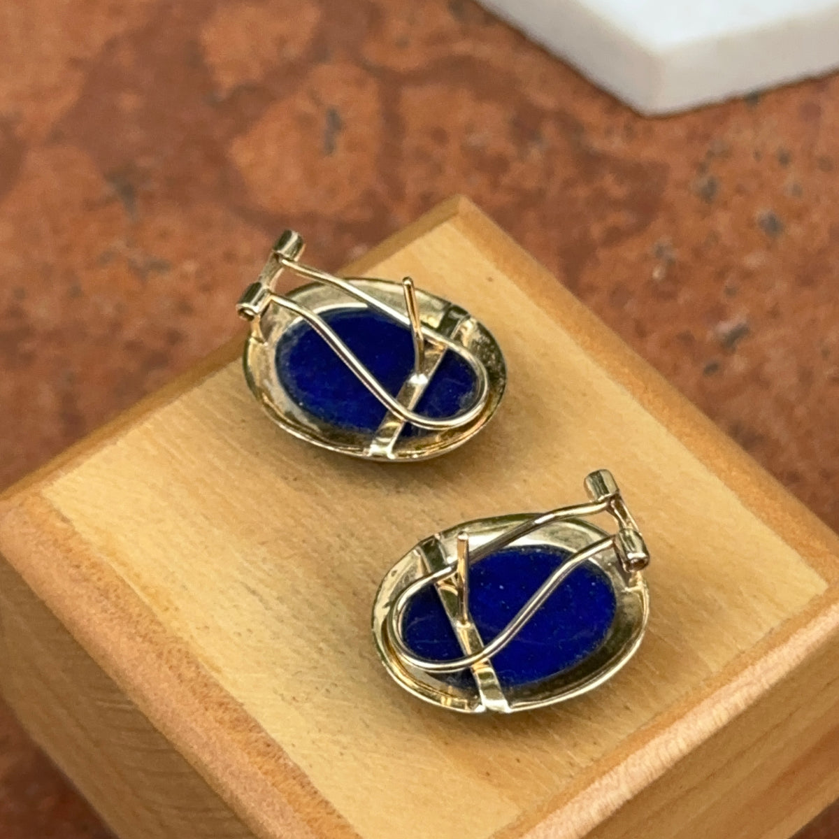 Estate 14KT Yellow Gold Oval Rope Bezeled Blue Lapis Omega Earrings - LSJ