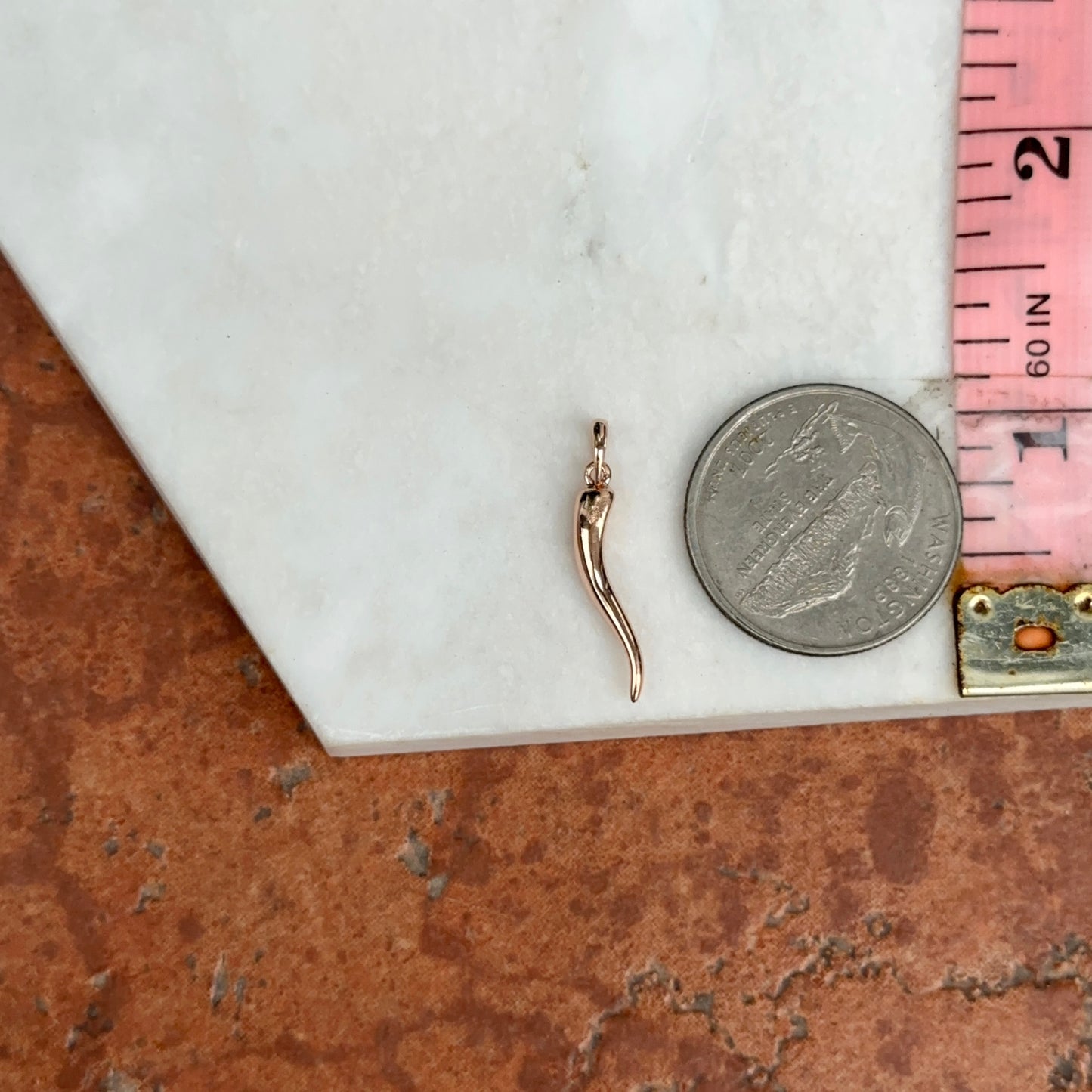 14KT Rose Gold Solid "Cornicello" Corno Italian Horn Pendant Charm 26mm
