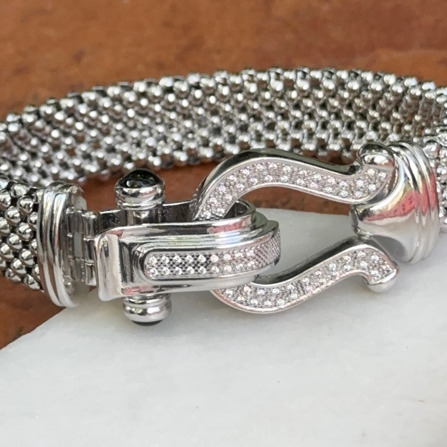 Sterling Silver Mesh Popcorn Horse Bit Diamond + Onyx Bracelet